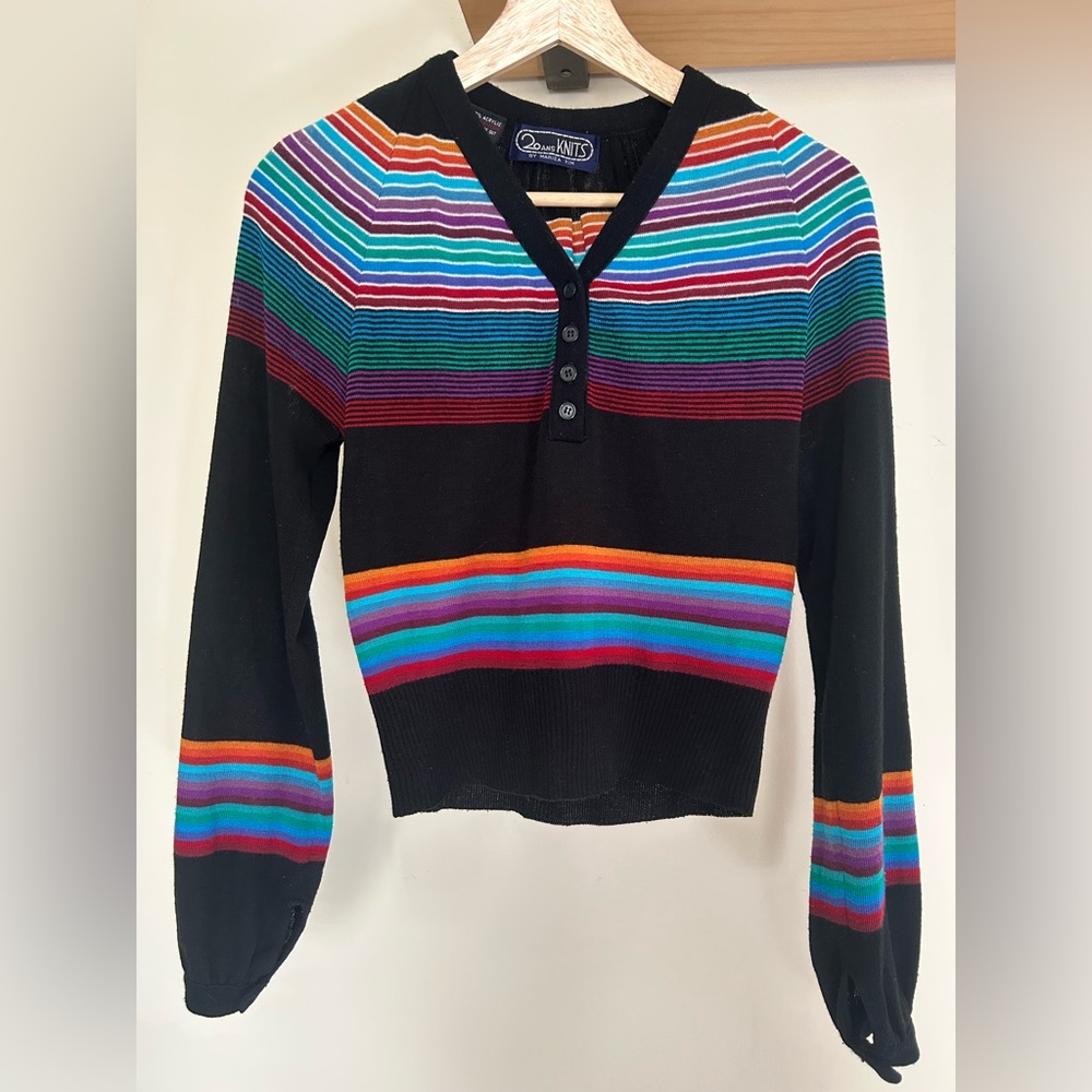 70’s Vintage Black Sweater with Colorful Stripes size Medium